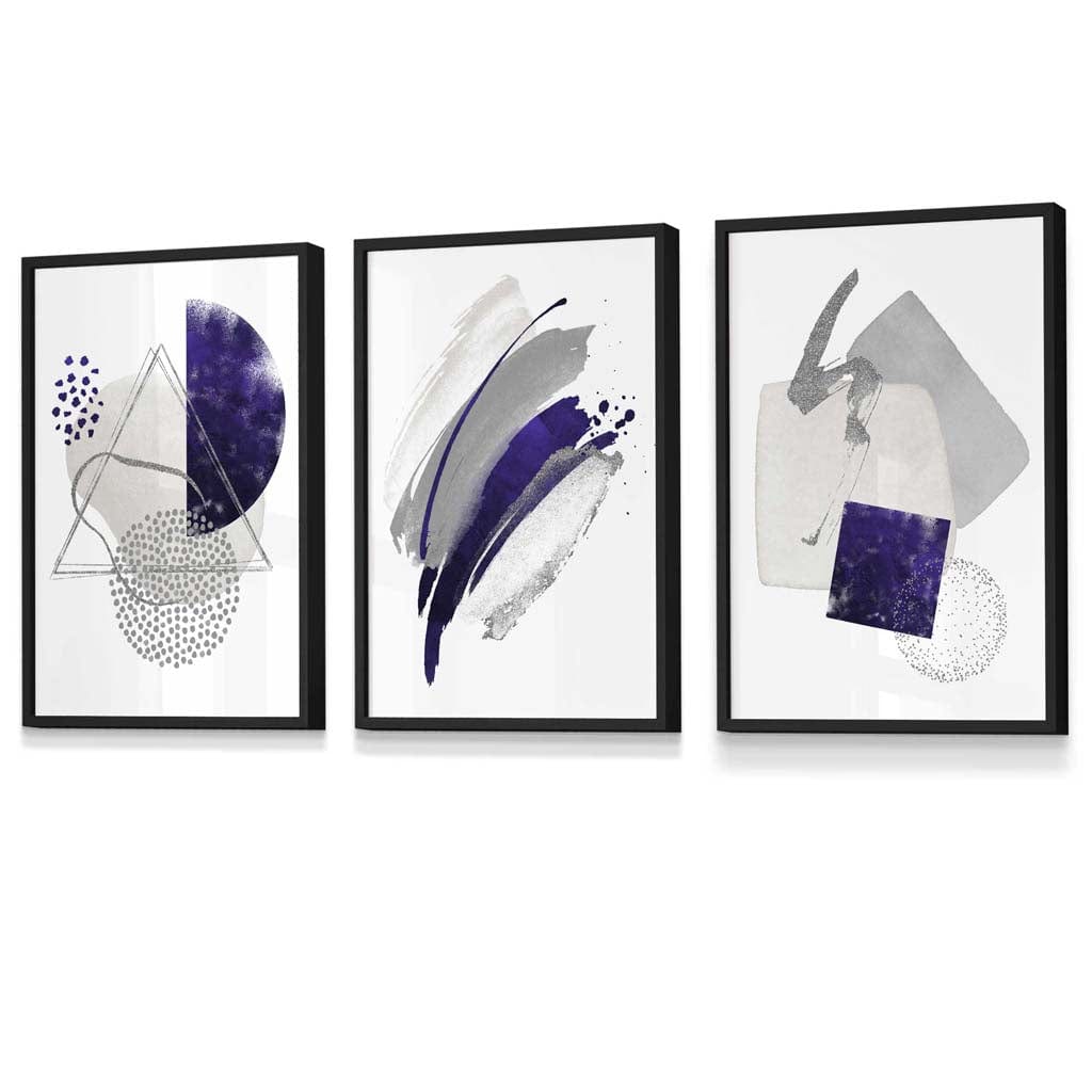 Set of 3 Abstract Purple Silver Watercolour Shapes Framed Art Prints | Artze Wall Art UK
