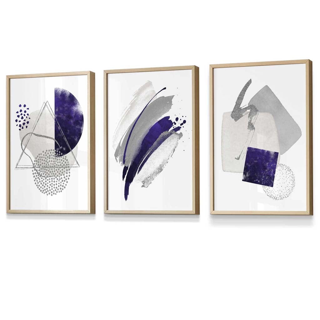 Set of 3 Abstract Purple Silver Watercolour Shapes Framed Art Prints | Artze Wall Art UK