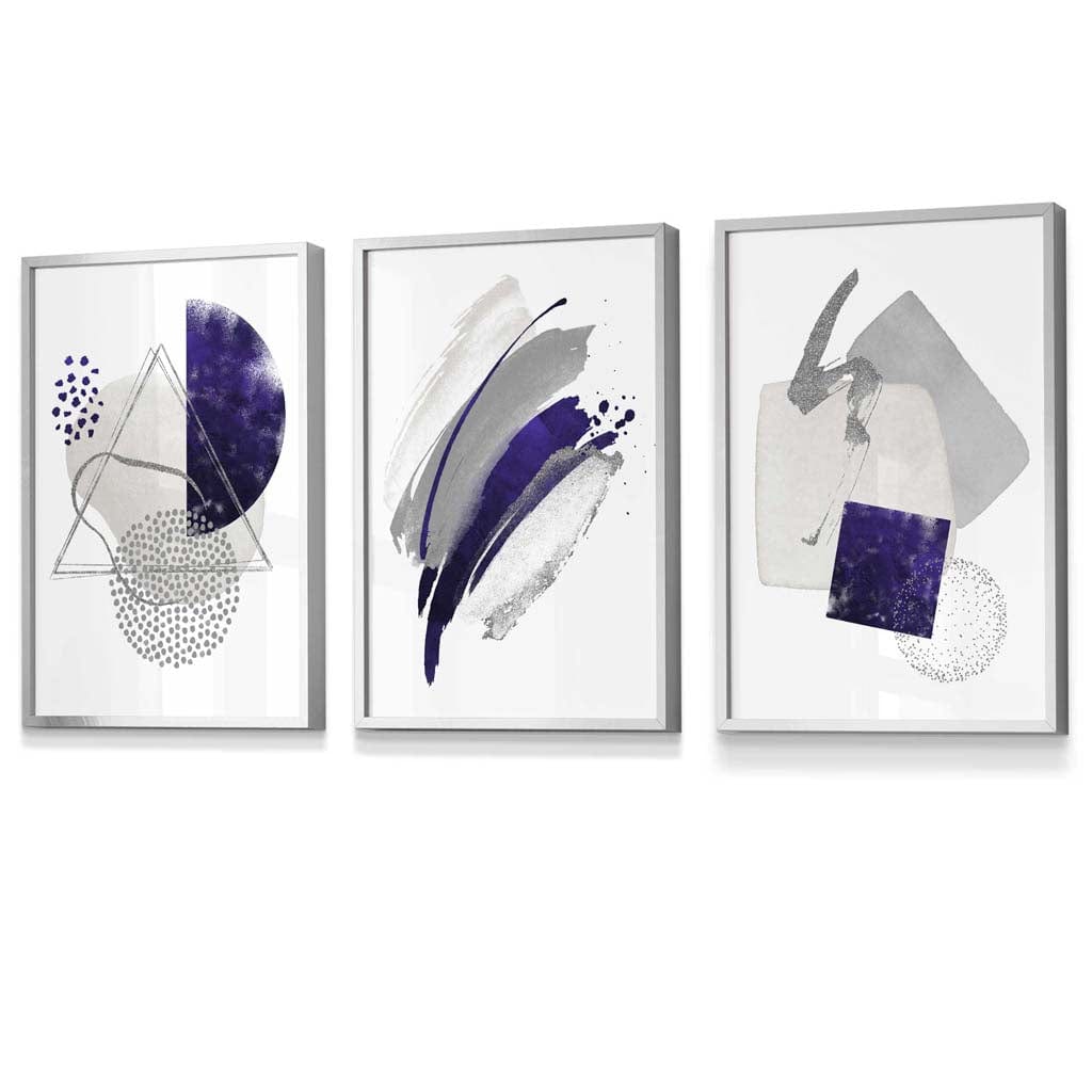 Set of 3 Abstract Purple Silver Watercolour Shapes Framed Art Prints | Artze Wall Art UK