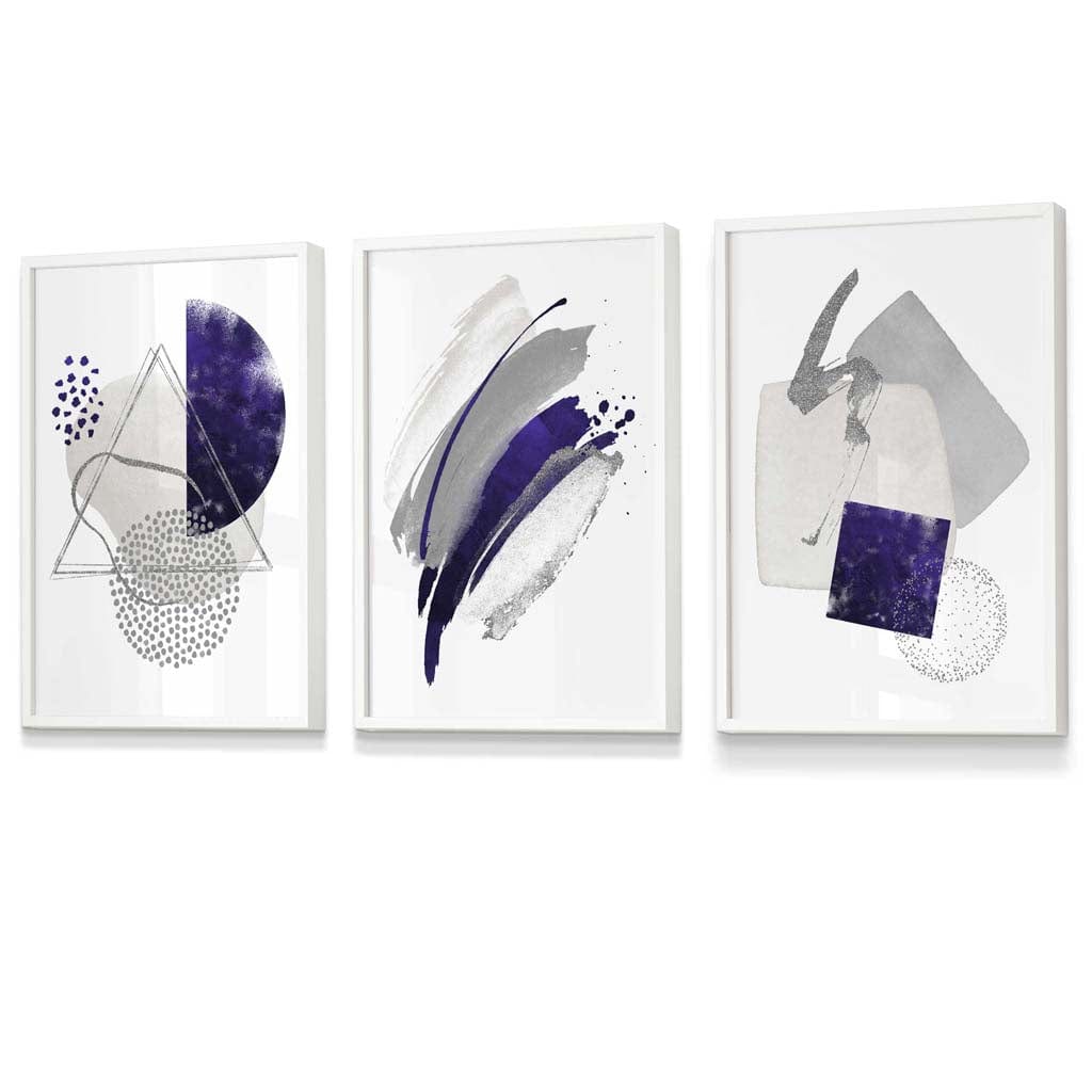 Set of 3 Abstract Purple Silver Watercolour Shapes Framed Art Prints | Artze Wall Art UK