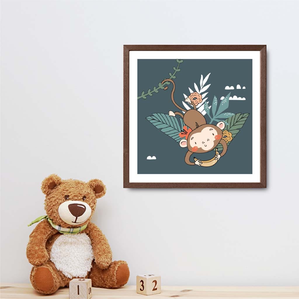 Cute Monkey Poster on Teal Blue Jungle Kids Wall Art