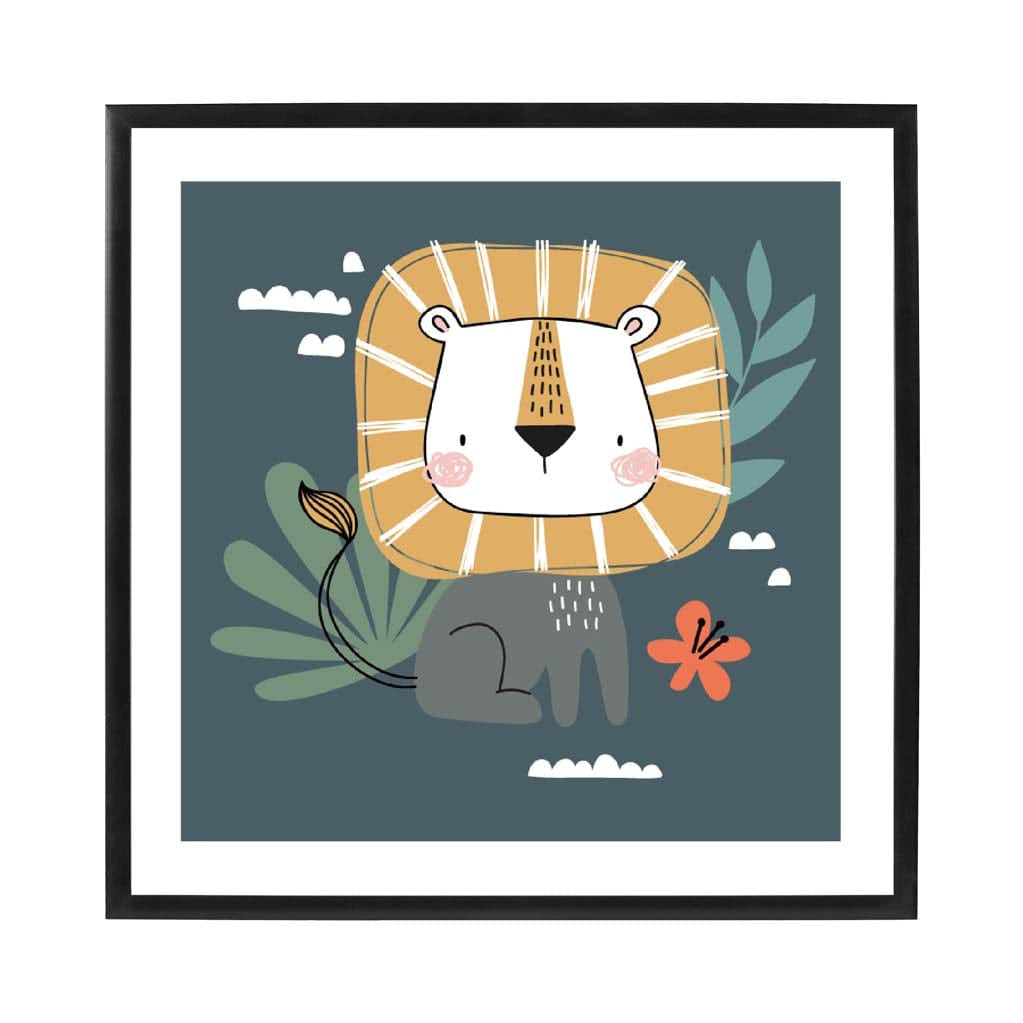 Cute Lion Poster on Teal Blue Jungle Kids Wall Art