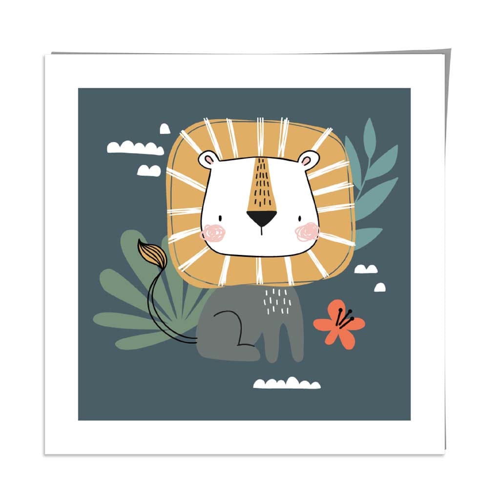 Cute Lion Poster on Teal Blue Jungle Kids Wall Art