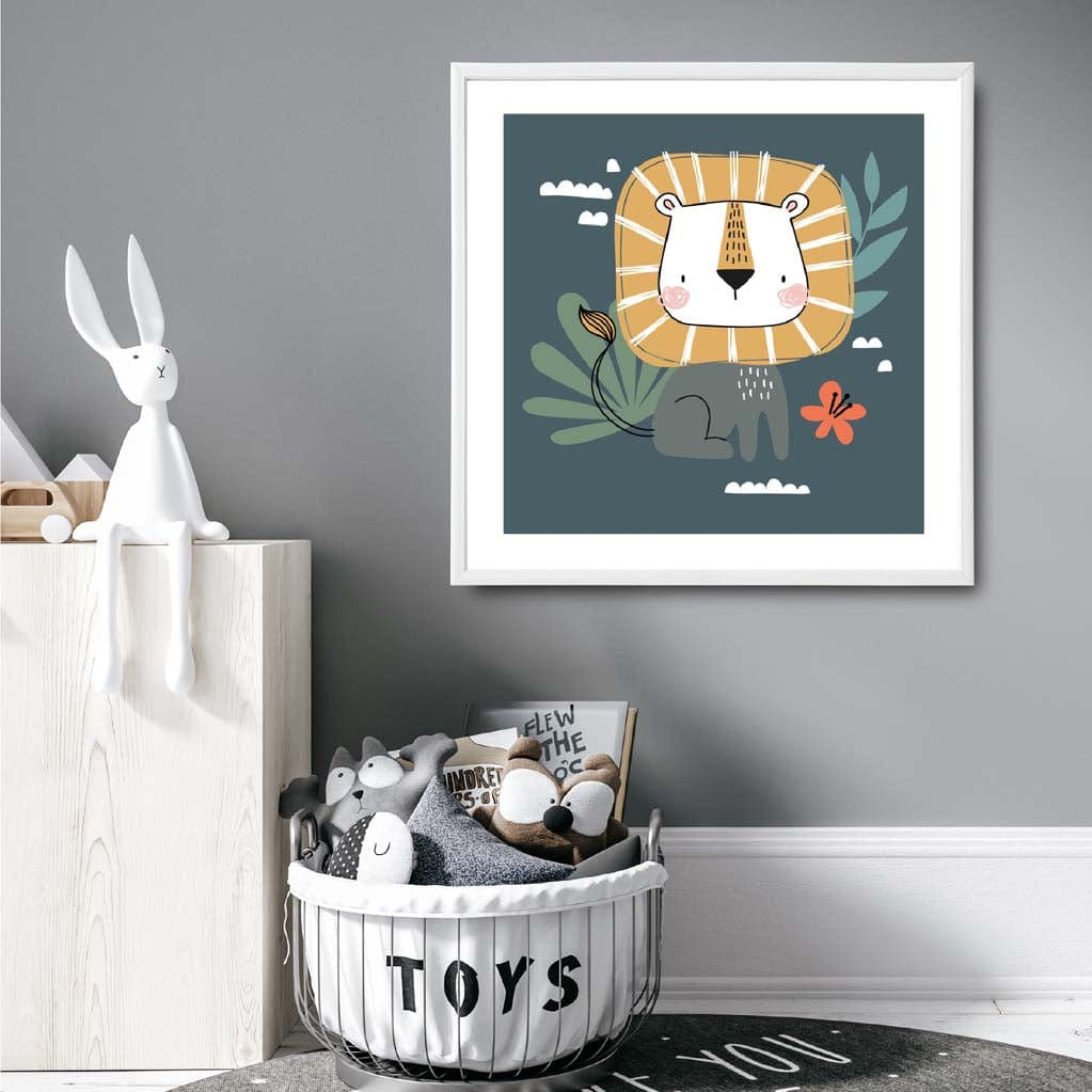 Cute Lion Poster on Teal Blue Jungle Kids Wall Art