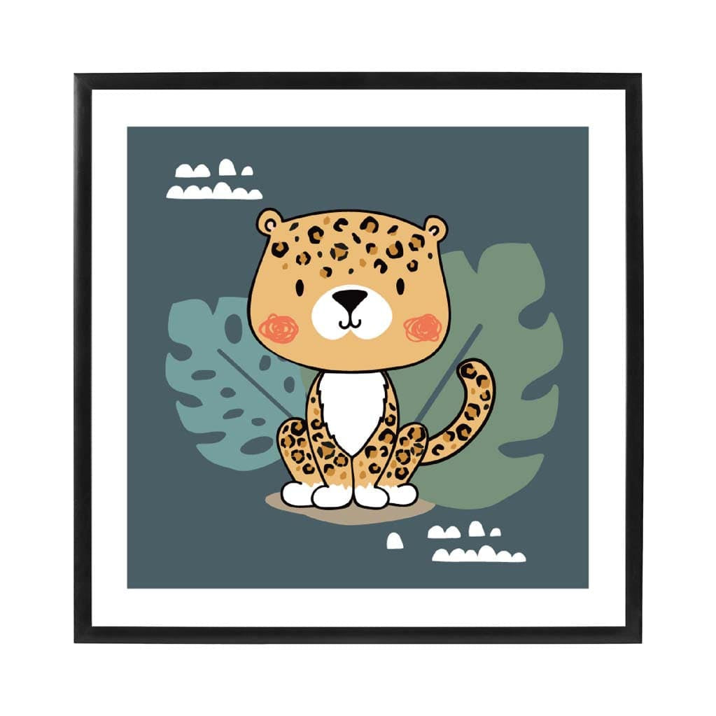 Cute Leopard Poster on Teal Blue Jungle Kids Wall Art