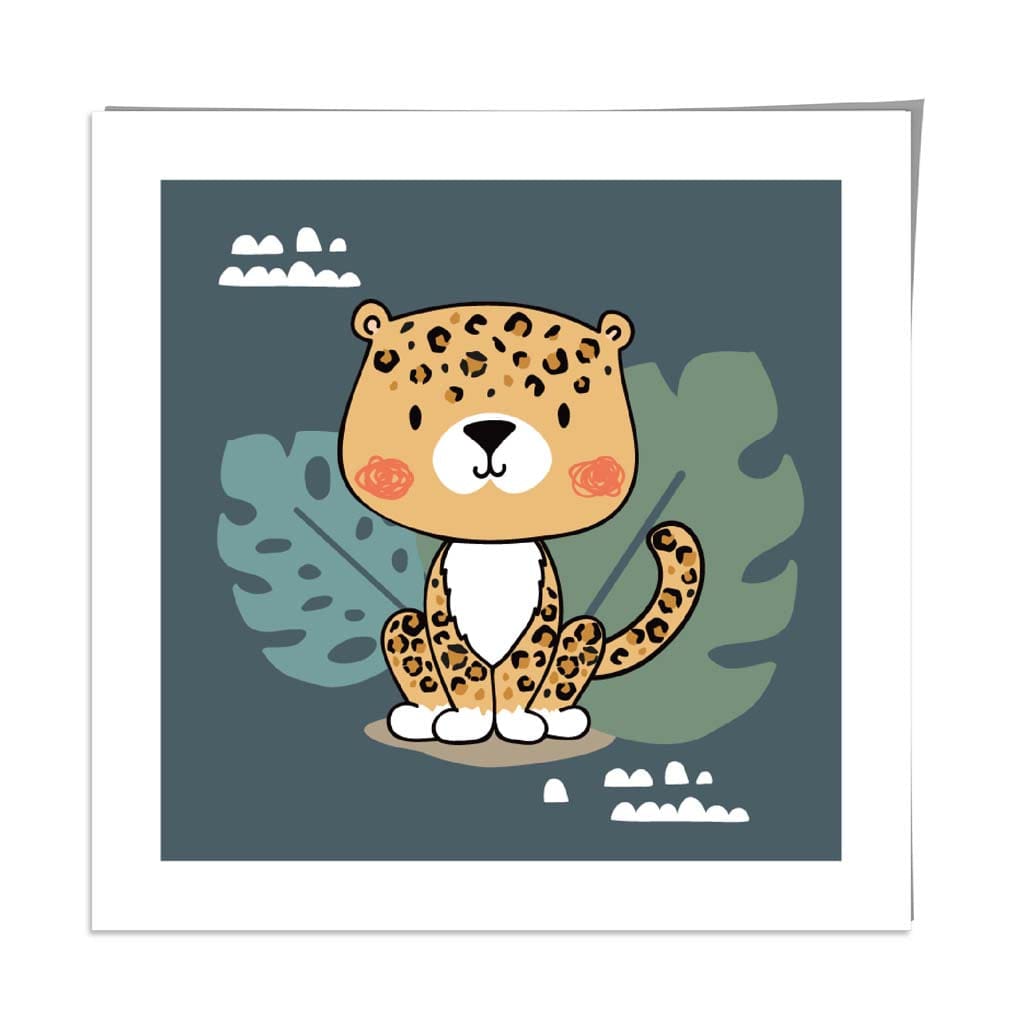 Cute Leopard Poster on Teal Blue Jungle Kids Wall Art
