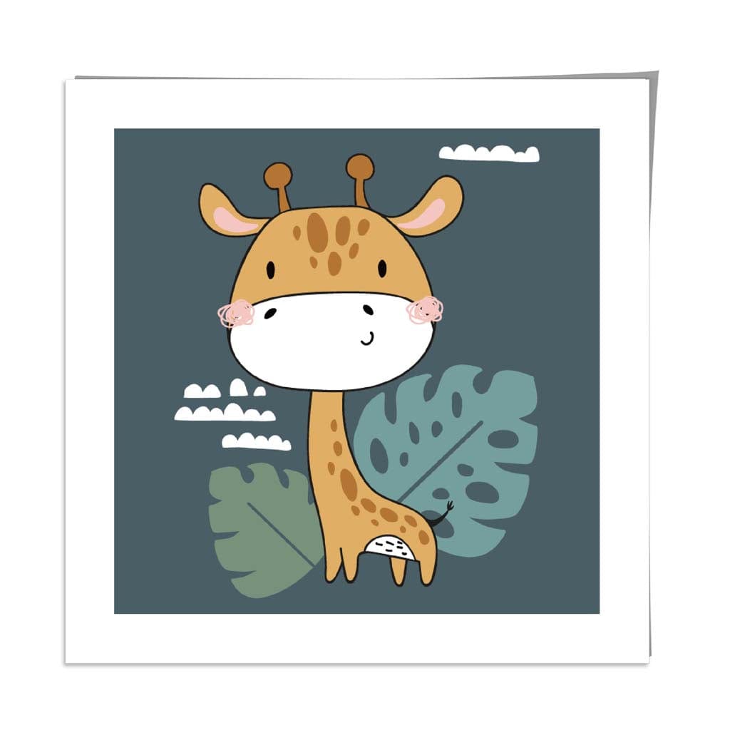 Cute Giraffe Poster on Teal Blue Jungle Kids Wall Art