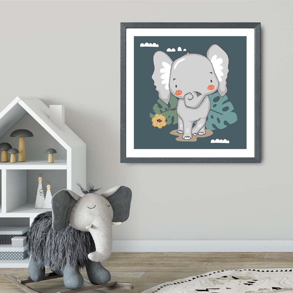 Cute Elephant Poster on Teal Blue Jungle Kids Wall Art