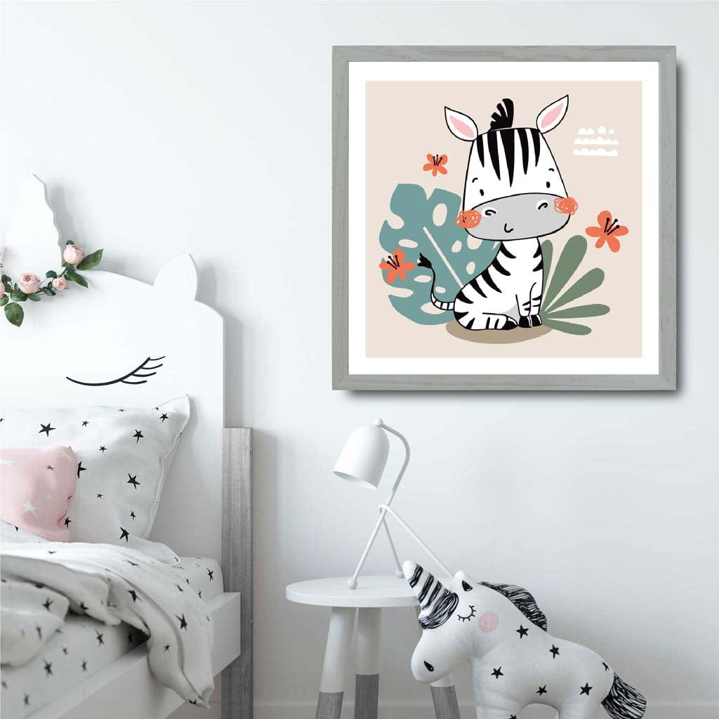Cute Zebra Poster on Beige Jungle Kids Wall Art