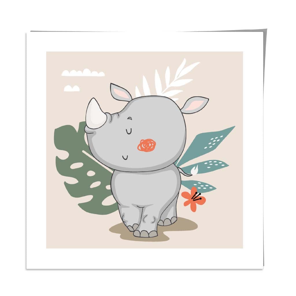 Cute Rhino Poster on Beige Jungle Kids Wall Art