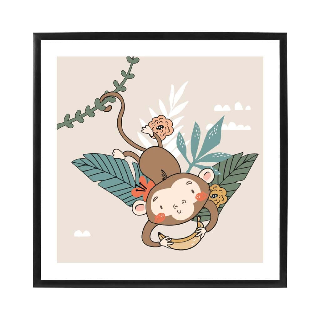 Cute Monkey Poster on Beige Jungle Kids Wall Art