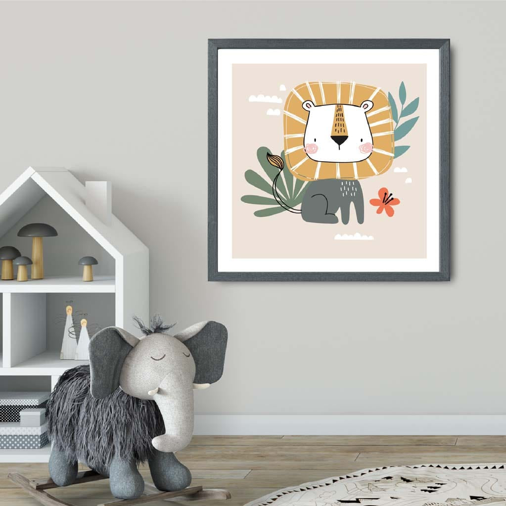 Cute Lion Poster on Beige Jungle Kids Wall Art