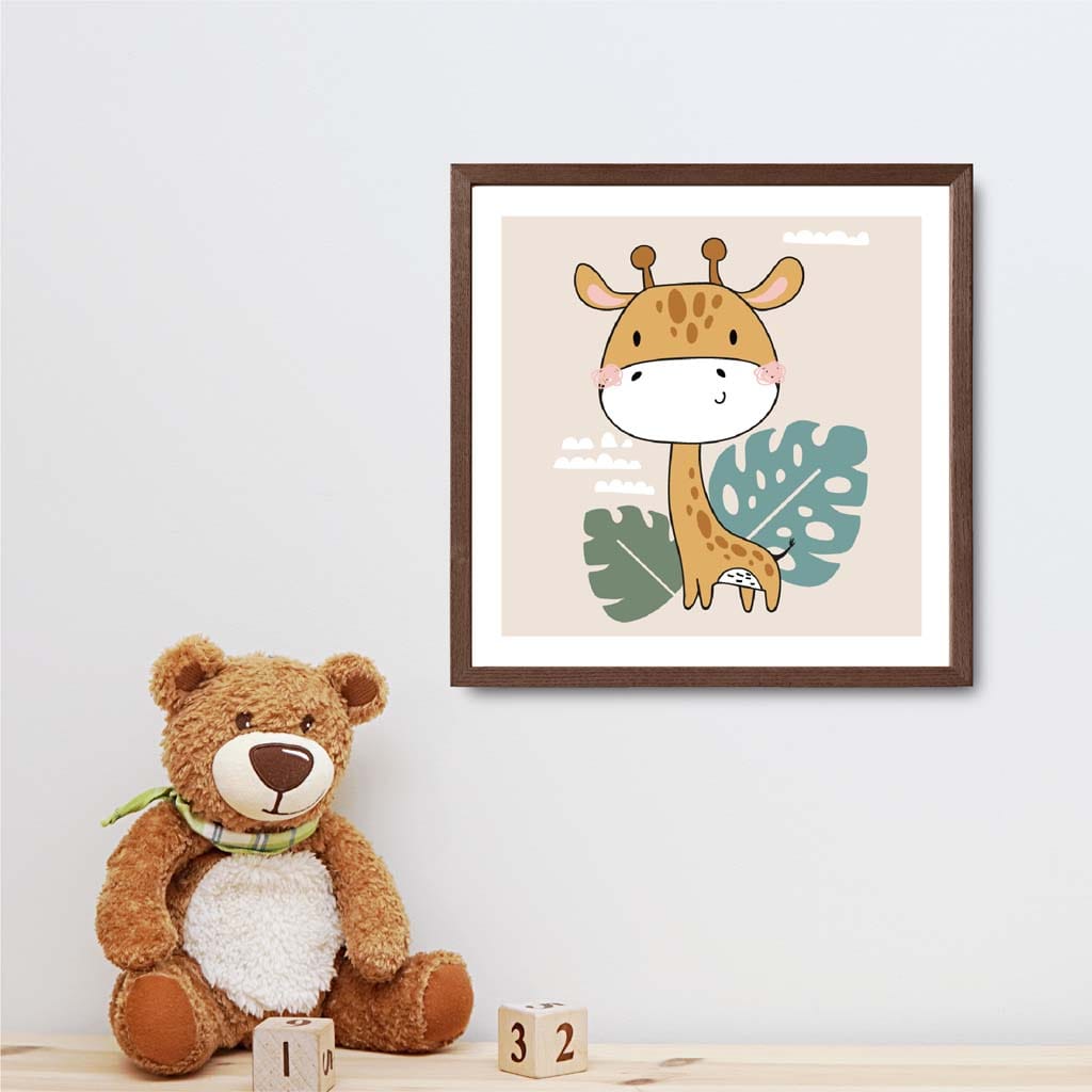 Cute Giraffe Poster on Beige Jungle Kids Wall Art