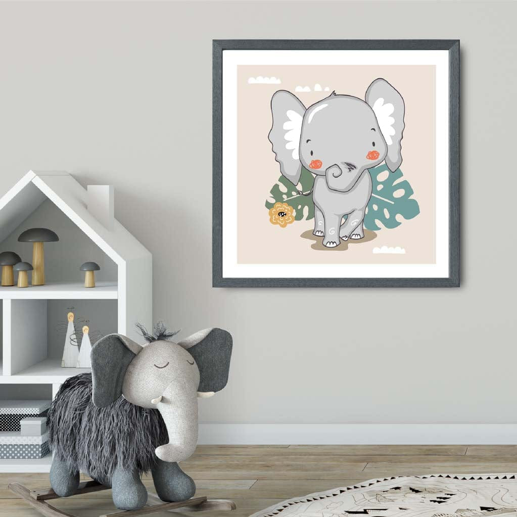 Cute Elephant Poster on Beige Jungle Kids Wall Art
