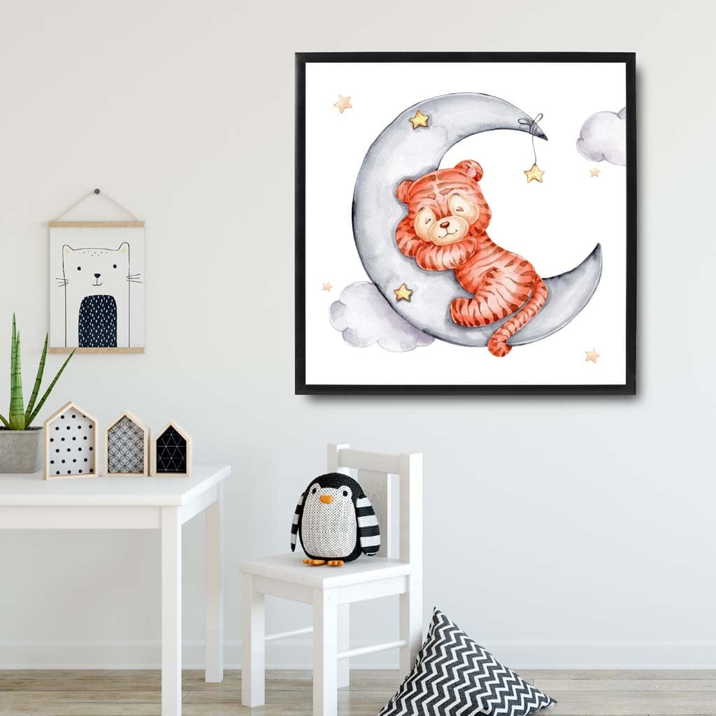 Cute Watercolour Tiger and Moon Poster Kids Wall Art