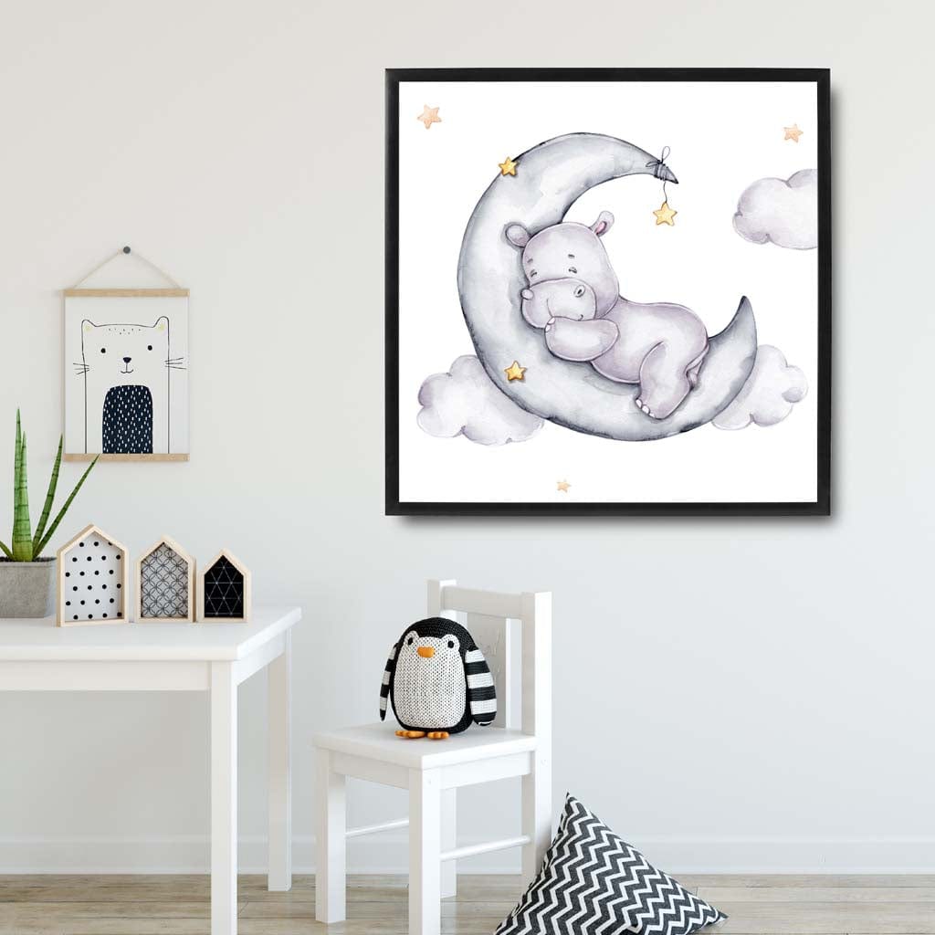 Cute Watercolour Hippo and Moon Poster Kids Wall Art