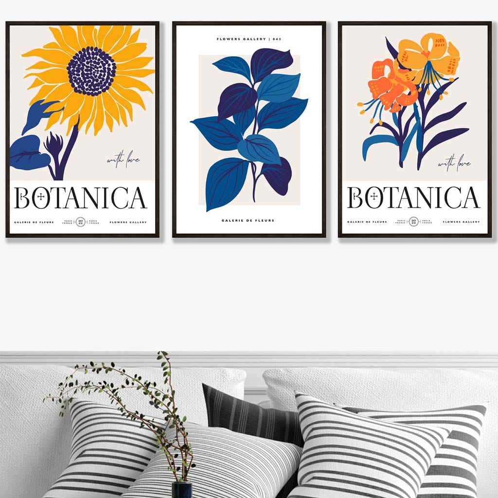 Set of 3 Blue & Yellow Floral Boho Sunflower Wall Art Prints