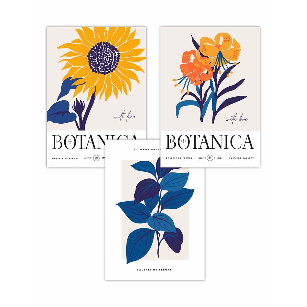Set of 3 Blue & Yellow Floral Boho Sunflower Wall Art Prints