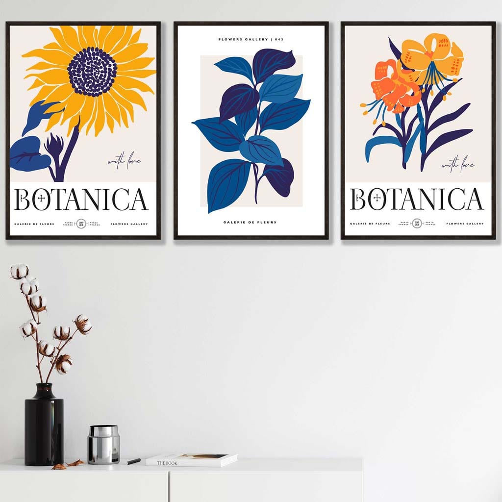 Set of 3 Blue & Yellow Floral Boho Sunflower Wall Art Prints