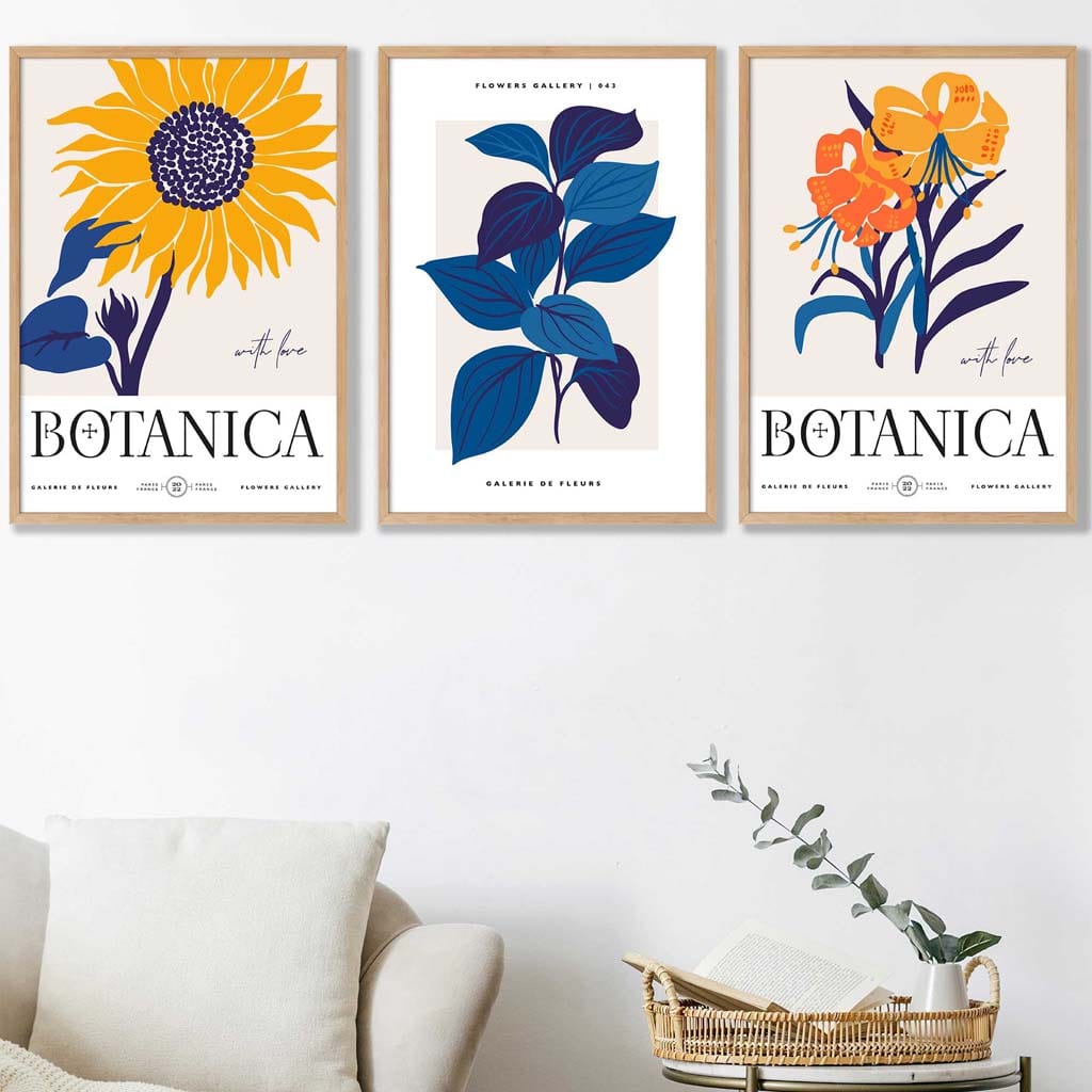 Set of 3 Blue & Yellow Floral Boho Sunflower Wall Art Prints