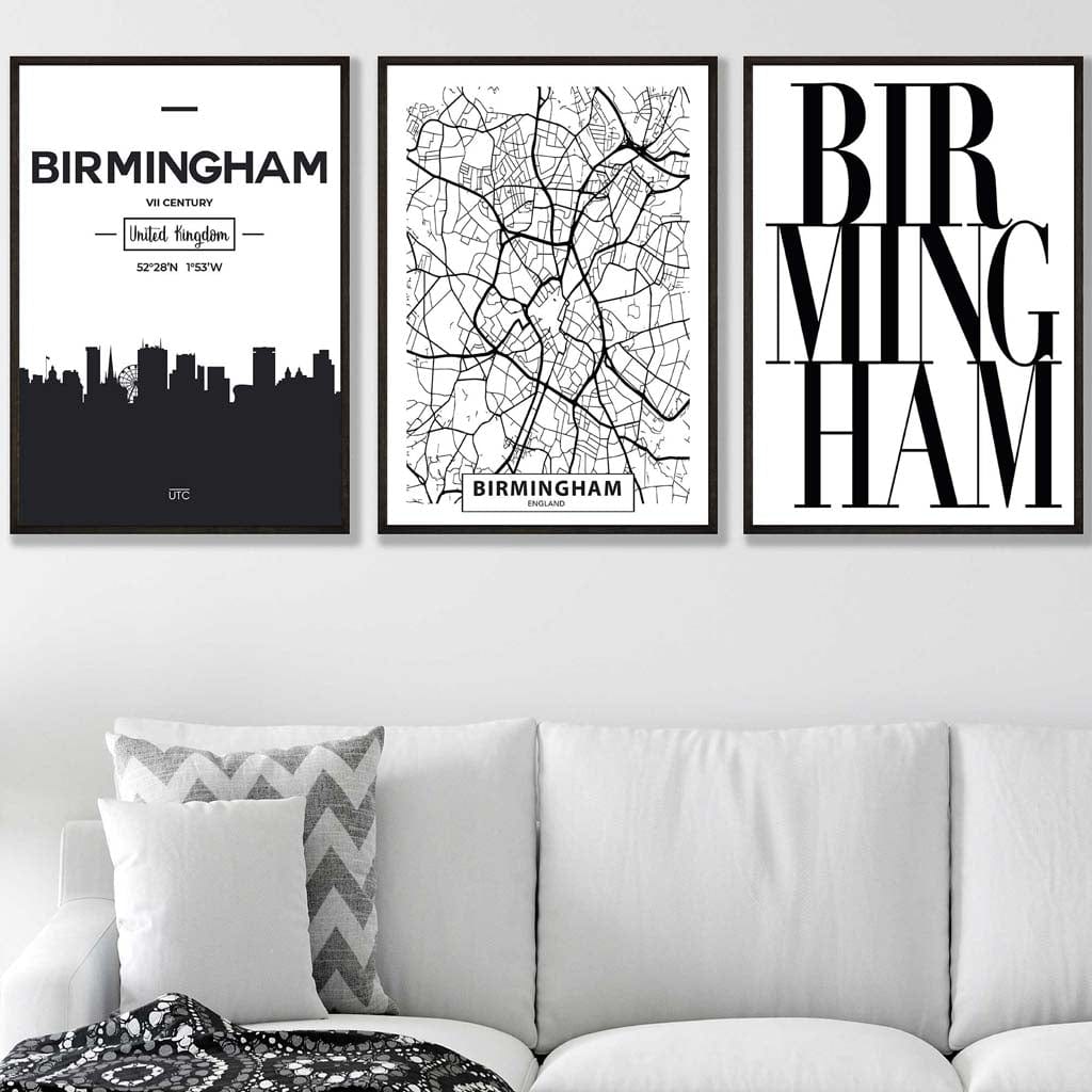 Set of 3 Birmingham Skyline Street map City Prints