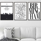 Set of 3 Birmingham Skyline Street map City Prints