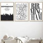 Set of 3 Birmingham Skyline Street map City Prints