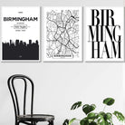 Set of 3 Birmingham Skyline Street map City Prints