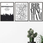Set of 3 Birmingham Skyline Street map City Prints