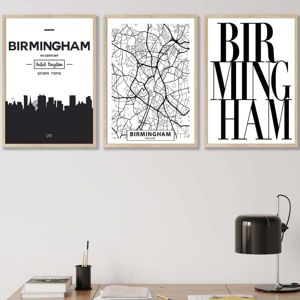 Set of 3 Birmingham Skyline Street map City Prints