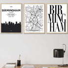 Set of 3 Birmingham Skyline Street map City Prints