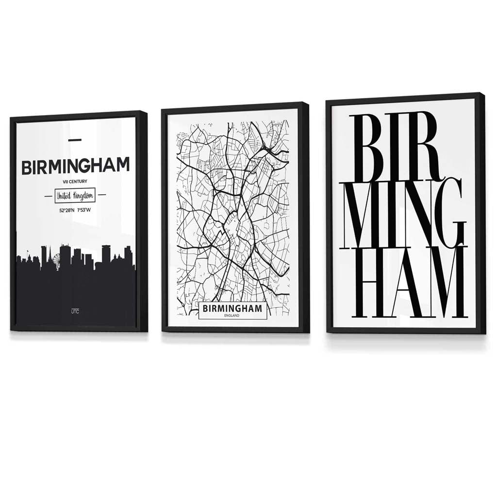 Framed Set of 3 BIRMINGHAM City Map Art Prints | Artze Wall Art UK