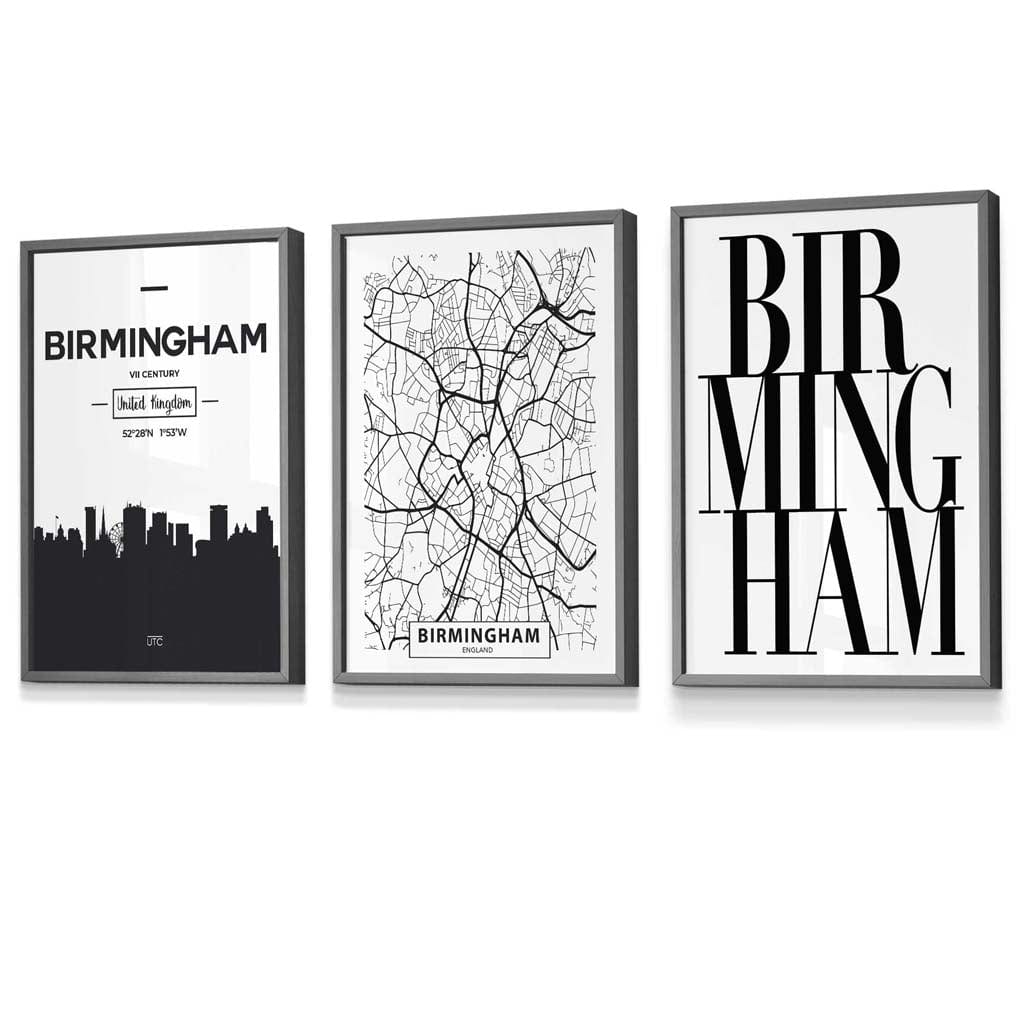 Framed Set of 3 BIRMINGHAM City Map Art Prints | Artze Wall Art UK