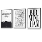 Framed Set of 3 BIRMINGHAM City Map Art Prints | Artze Wall Art UK