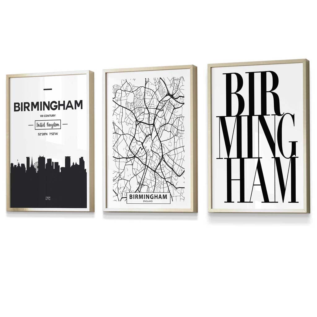 Framed Set of 3 BIRMINGHAM City Map Art Prints | Artze Wall Art UK
