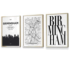 Framed Set of 3 BIRMINGHAM City Map Art Prints | Artze Wall Art UK