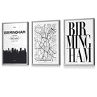 Framed Set of 3 BIRMINGHAM City Map Art Prints | Artze Wall Art UK