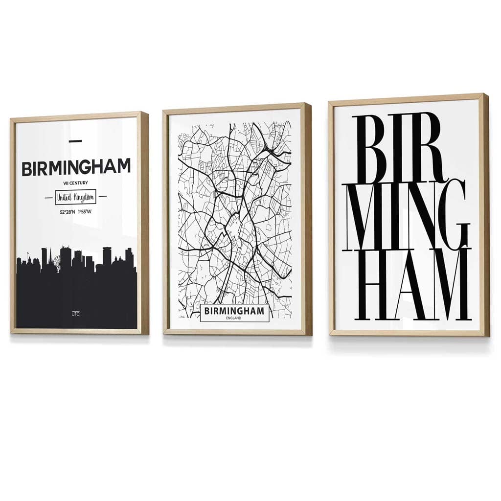 Framed Set of 3 BIRMINGHAM City Map Art Prints | Artze Wall Art UK