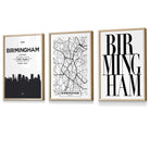 Framed Set of 3 BIRMINGHAM City Map Art Prints | Artze Wall Art UK