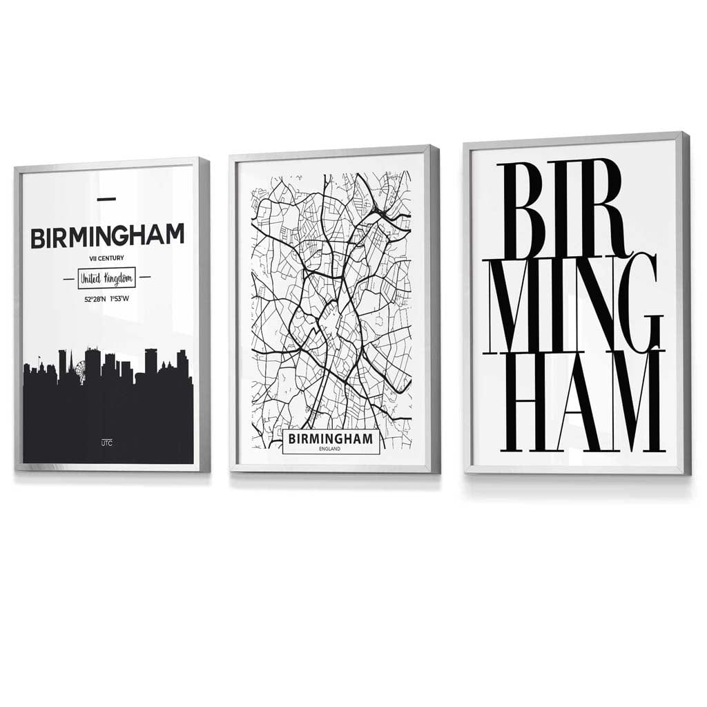 Framed Set of 3 BIRMINGHAM City Map Art Prints | Artze Wall Art UK