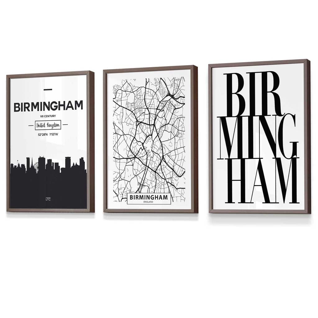 Framed Set of 3 BIRMINGHAM City Map Art Prints | Artze Wall Art UK