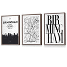 Framed Set of 3 BIRMINGHAM City Map Art Prints | Artze Wall Art UK
