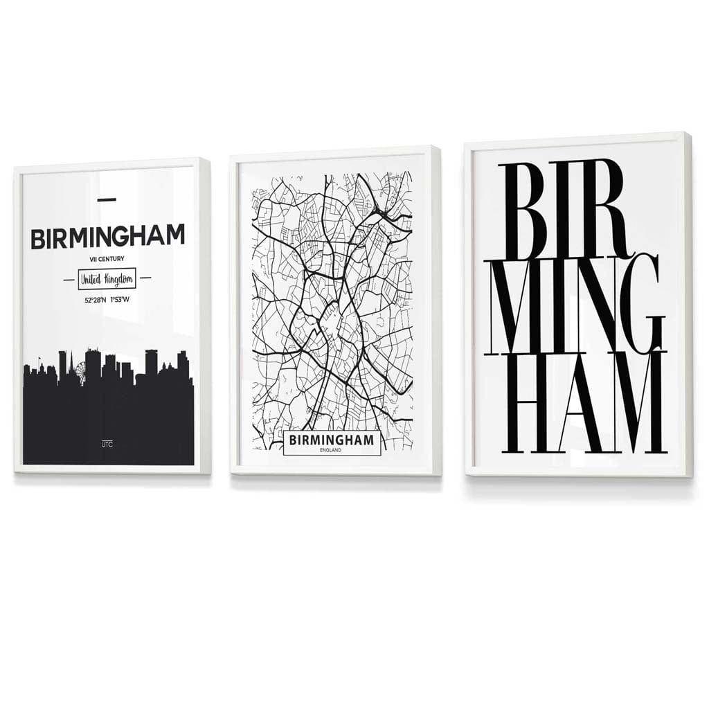 Framed Set of 3 BIRMINGHAM City Map Art Prints | Artze Wall Art UK