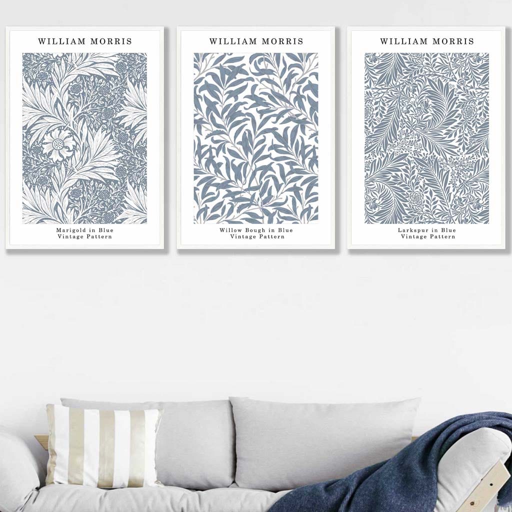 Blue William Morris Vintage Floral Set of 3 Wall Art Prints