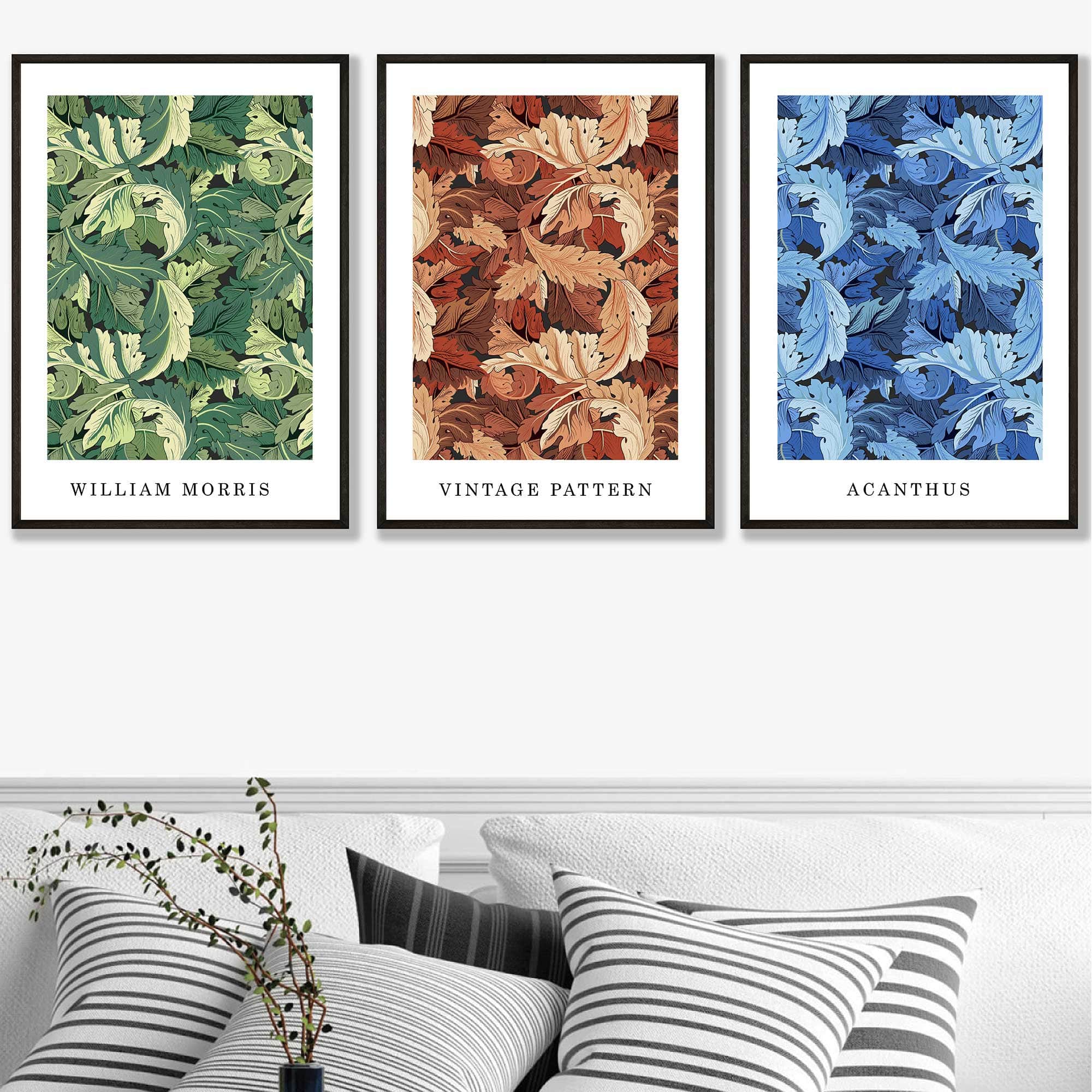 William Morris Vintage Floral Wall Art Prints in Blue Green and Tan