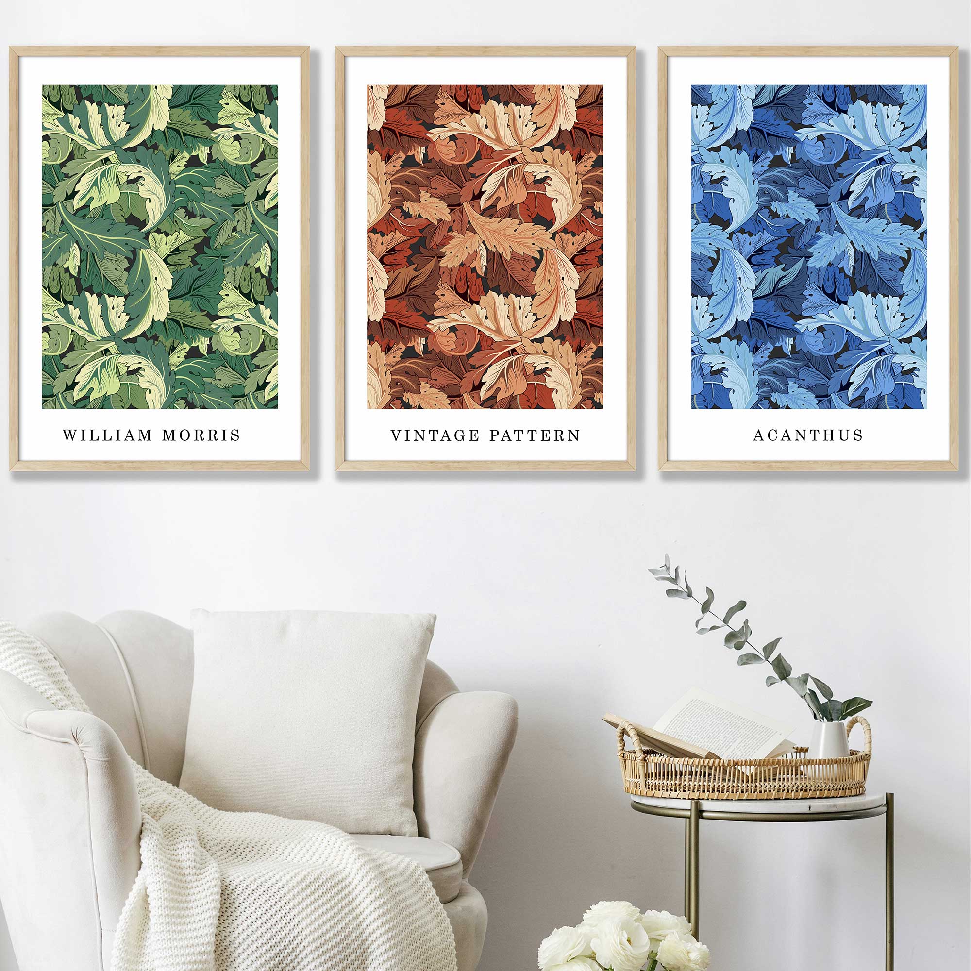 William Morris Vintage Floral Wall Art Prints in Blue Green and Tan