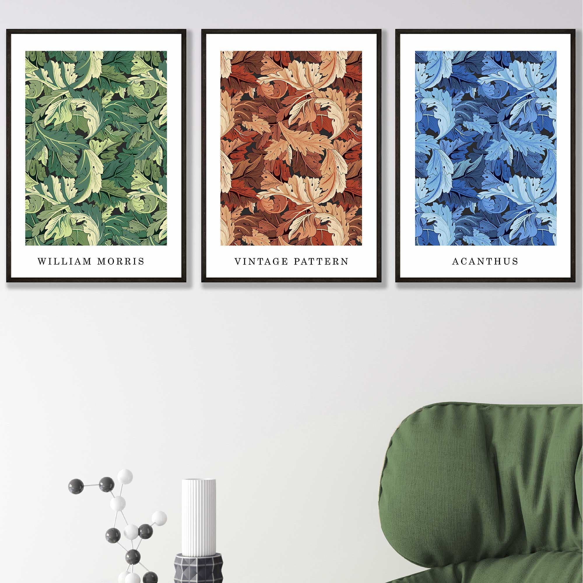 William Morris Vintage Floral Wall Art Prints in Blue Green and Tan