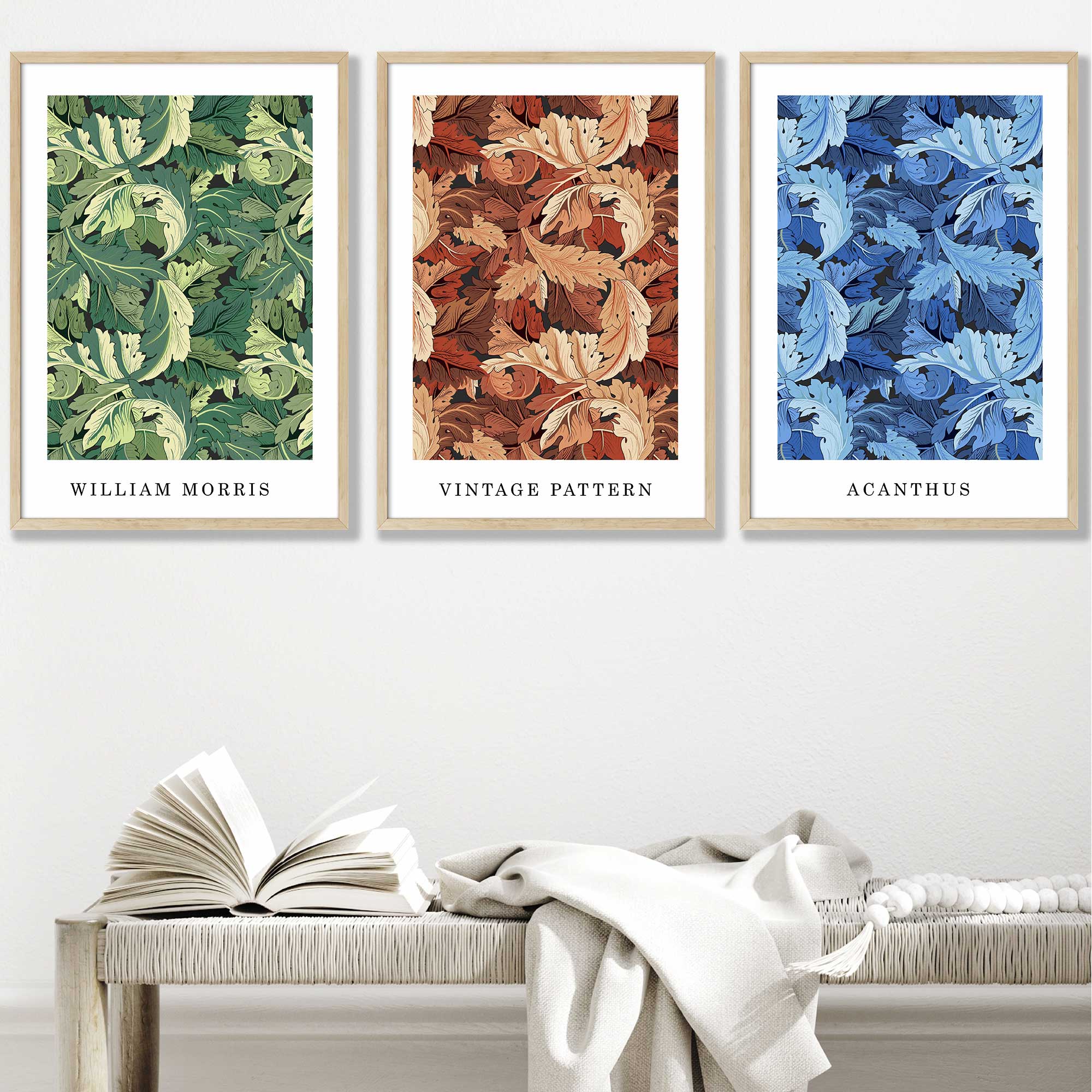 William Morris Vintage Floral Wall Art Prints in Blue Green and Tan