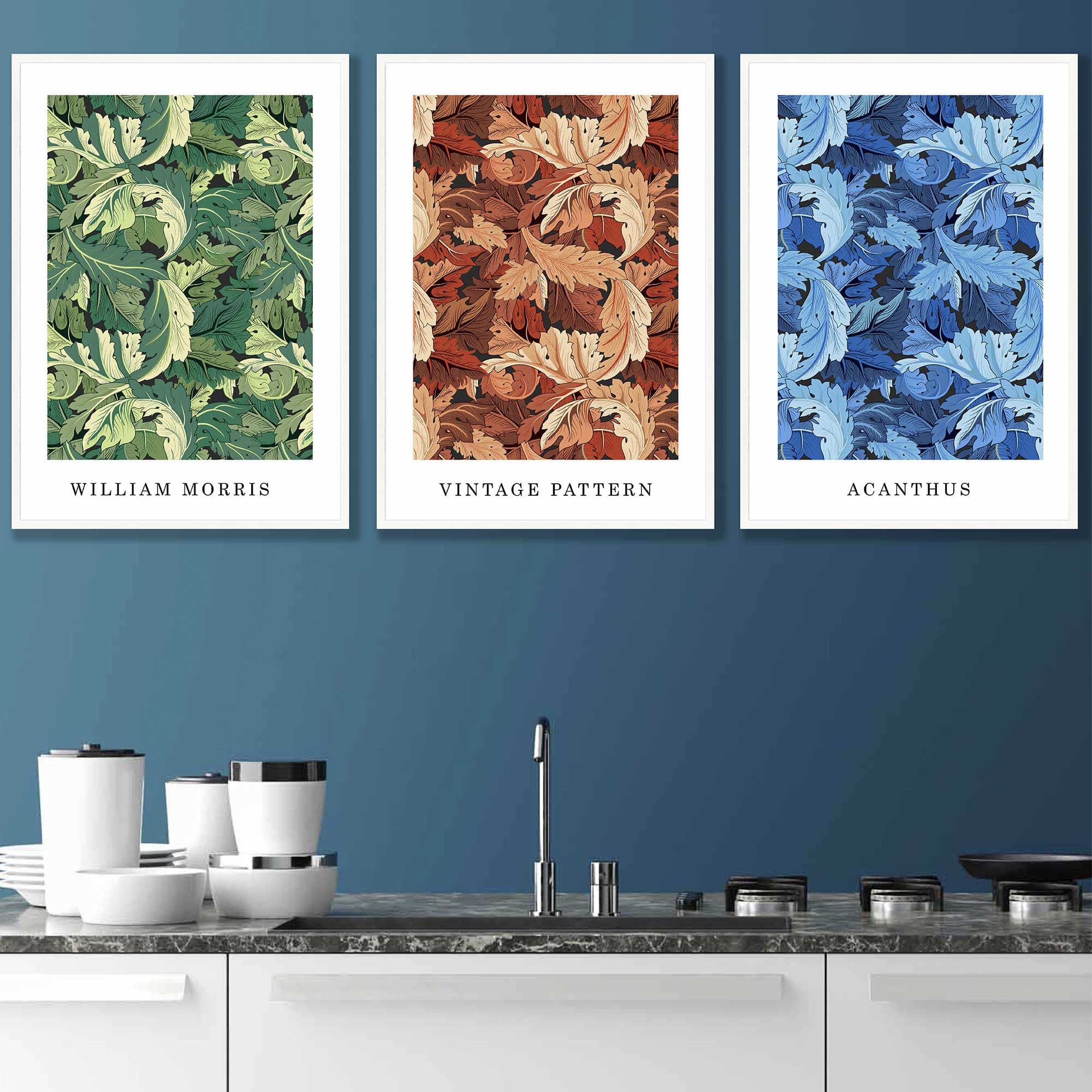William Morris Vintage Floral Wall Art Prints in Blue Green and Tan