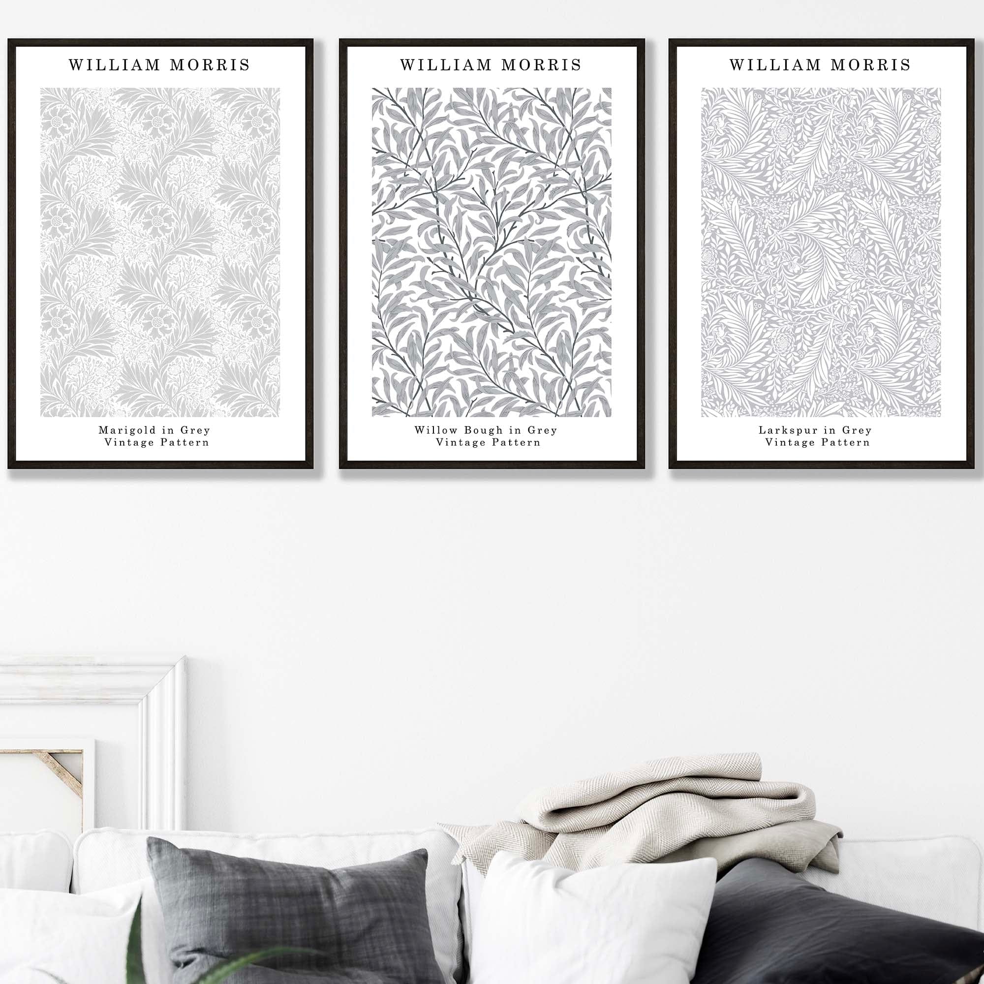 William Morris Vintage Floral Wall Art Prints in Light Grey